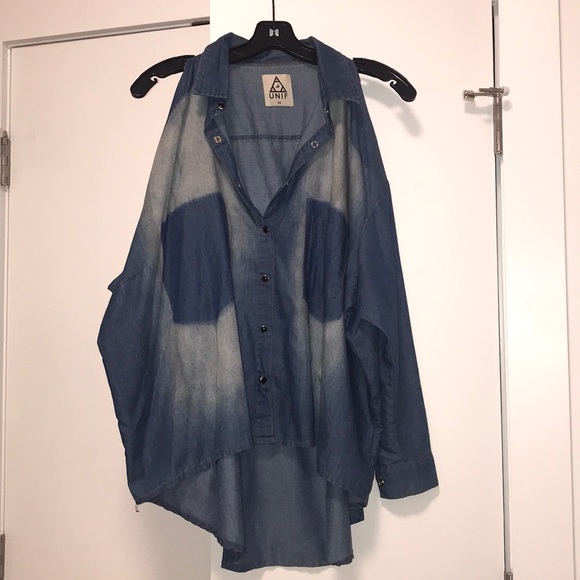 UNIF Denim Washed Cold Shoulder Button Down Shirt - Picture 6 of 6